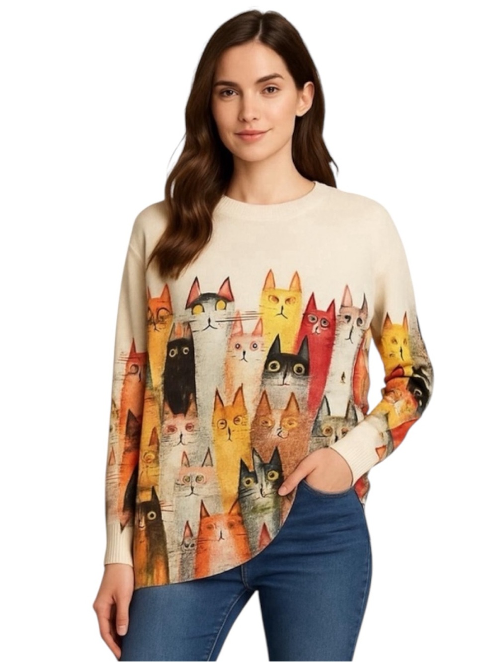 Womens Plus Size All Over Cat Party Print Long Sleeve Pullover Sweater Size XXL
